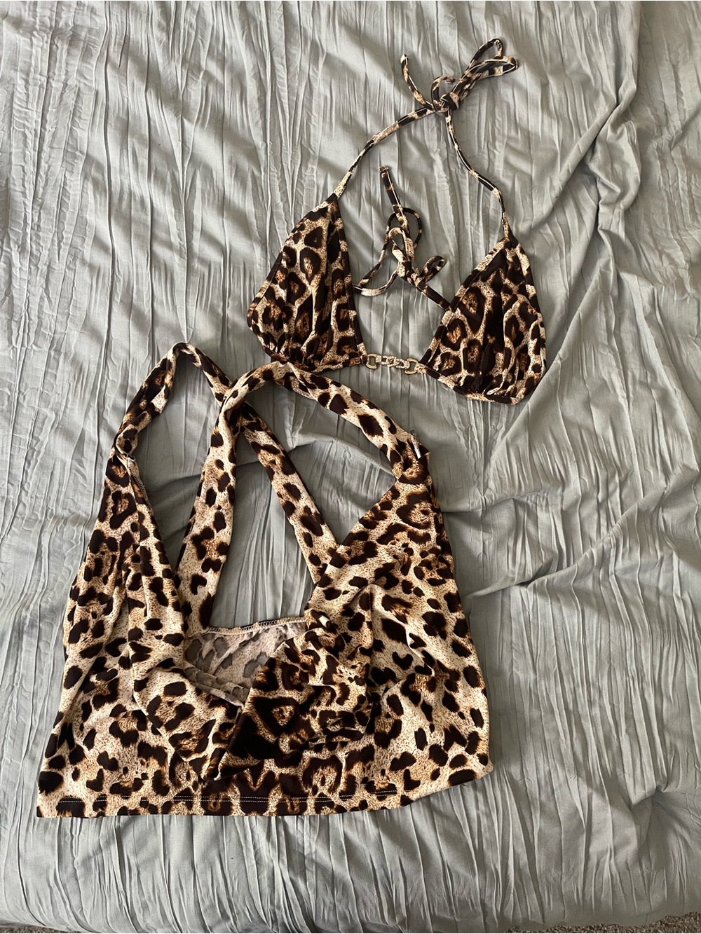 Shein 1XL - 2 pc Leopard Print Halter Crop Top and Triangle Bralette Set